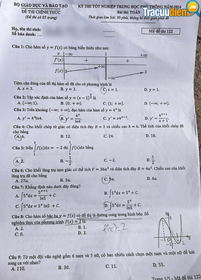Đề Toán thi tốt nghiệp THPT năm 2024