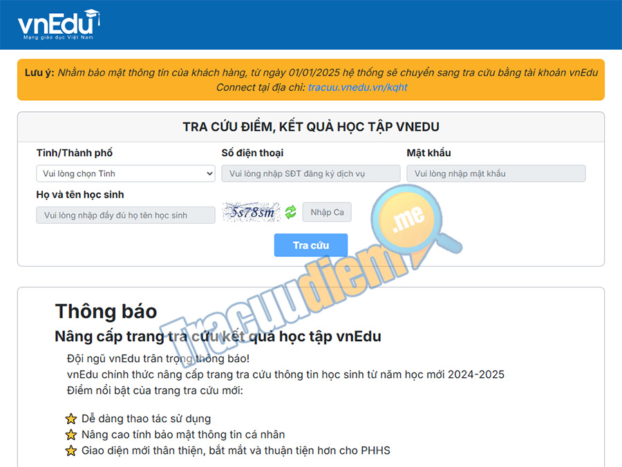 Vnedu tra cứu điểm học sinh các cấp chính xác từng môn học