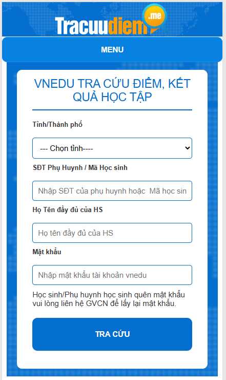giao diện tra cứu điểm vnedu tracuudiem.me